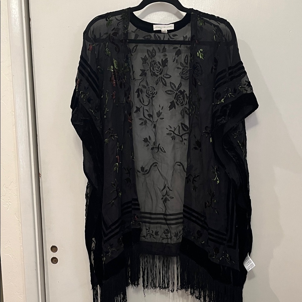 Black Sheer Floral Kimono with Fringe size s/m boho